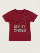 Girls Maroon "Beauty Chose" Bow Embellished T-Shirt