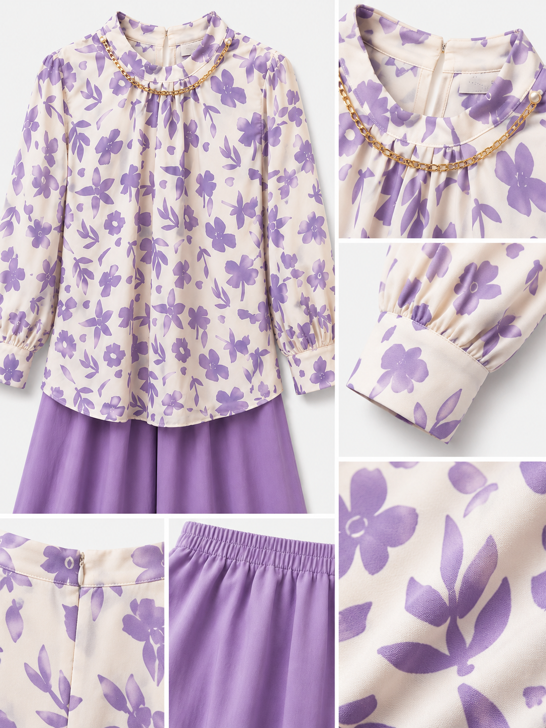 Girls Lavender Floral Co-ord Set – Printed Top & Wide Leg Culotte Pants