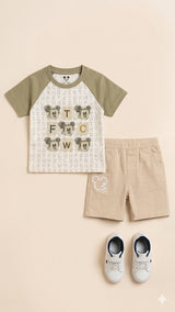 Boys Graphic T-Shirt & Shorts Set – Soft Cotton Summer Outfit (Olive & Beige)
