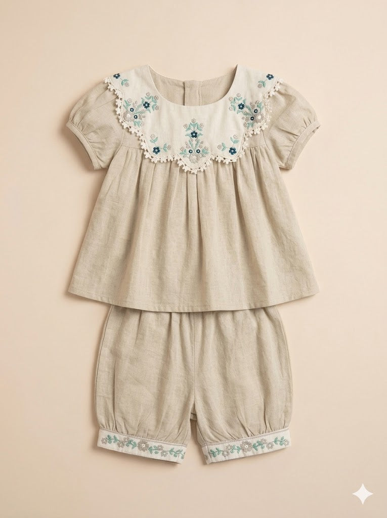 Girls Beige Embroidered Top & Shorts Set – Casual Cotton Summer Outfit