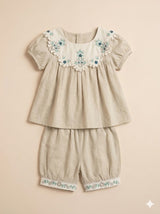 Girls Beige Embroidered Top & Shorts Set – Casual Cotton Summer Outfit