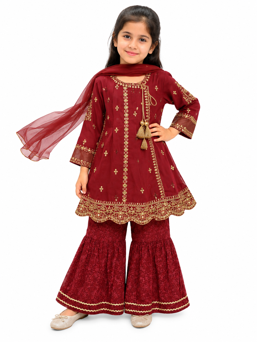 Girls Maroon Embroidered Kurti Gharara Set with Dupatta