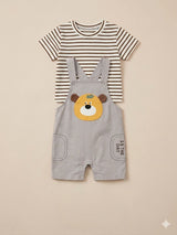 Boys Grey Dungaree & Striped T-Shirt Set – Casual Cotton Summer Outfit