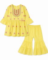 Girls Yellow Embroidered Flared Kurti & Gharara Set