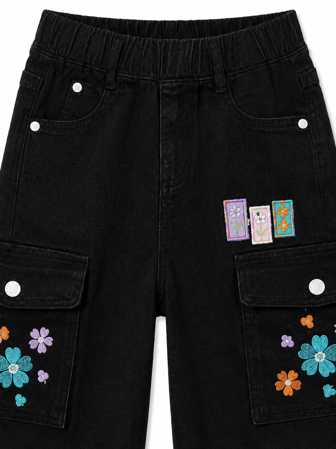 Girls Black Floral Cargo Denim Shorts – Trendy Kids Utility Shorts