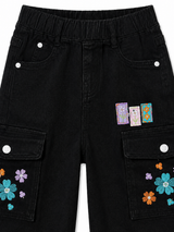 Girls Black Floral Cargo Denim Shorts – Trendy Kids Utility Shorts