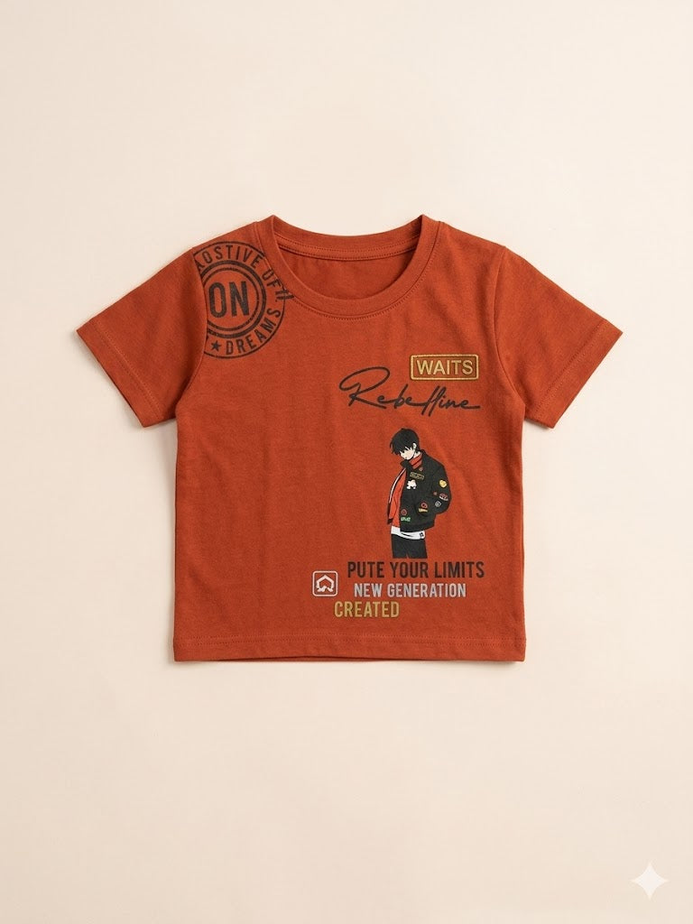 Boys Rust Orange Graphic T-Shirt – Casual Cotton Short Sleeve Top