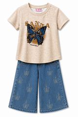 Girls Butterfly Graphic Co-ord Set – Printed T-Shirt & Denim Wide Leg Pants