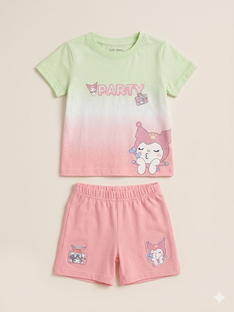 Girls Graphic T-Shirt & Shorts Set – Soft Cotton Summer Outfit (Green & Pink)