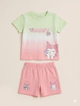 Girls Graphic T-Shirt & Shorts Set – Soft Cotton Summer Outfit (Green & Pink)