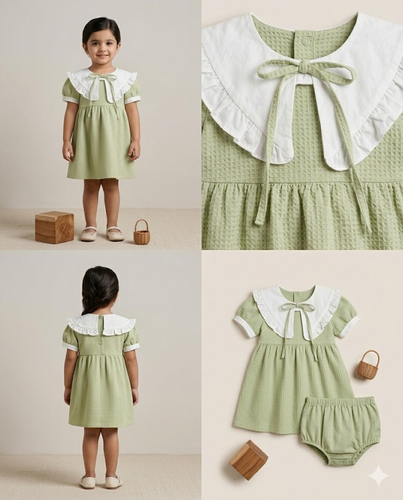 Girls Soft Cotton Bow Detail Summer Dress – Light Green