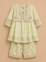 Girls Pastel Green Embroidered 2 Piece Suit Set – Floral Festive Ethnic Wear for Kids
