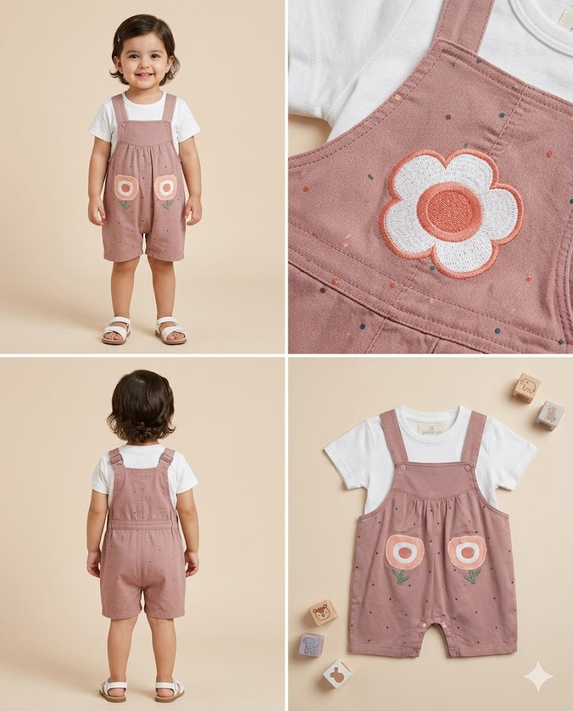 Baby Girls 2-Piece Dungaree Set – Floral Pocket Romper with White Tee (Dusty Pink)