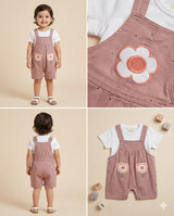 Baby Girls 2-Piece Dungaree Set – Floral Pocket Romper with White Tee (Dusty Pink)