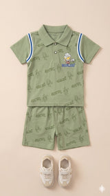 Boys Summer Co-Ord Set – Cotton Shirt & Shorts Outfit (Olive Green)