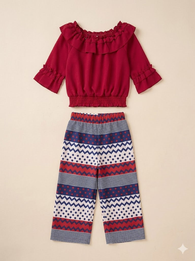 Girls Red Frill Top & Printed Trousers Set – Casual Cotton Outfit
