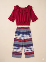 Girls Red Frill Top & Printed Trousers Set – Casual Cotton Outfit