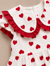 Girls Red Heart Print Frill Collar Dress – Cute Kids Party Frock