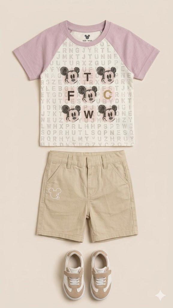 Boys Graphic T-Shirt & Shorts Set – Soft Cotton Summer Outfit (Beige & Cream)