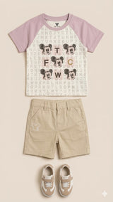 Boys Graphic T-Shirt & Shorts Set – Soft Cotton Summer Outfit (Beige & Cream)