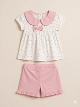 Girls White Collar Top & Pink Shorts Set – Casual Cotton Summer Outfit