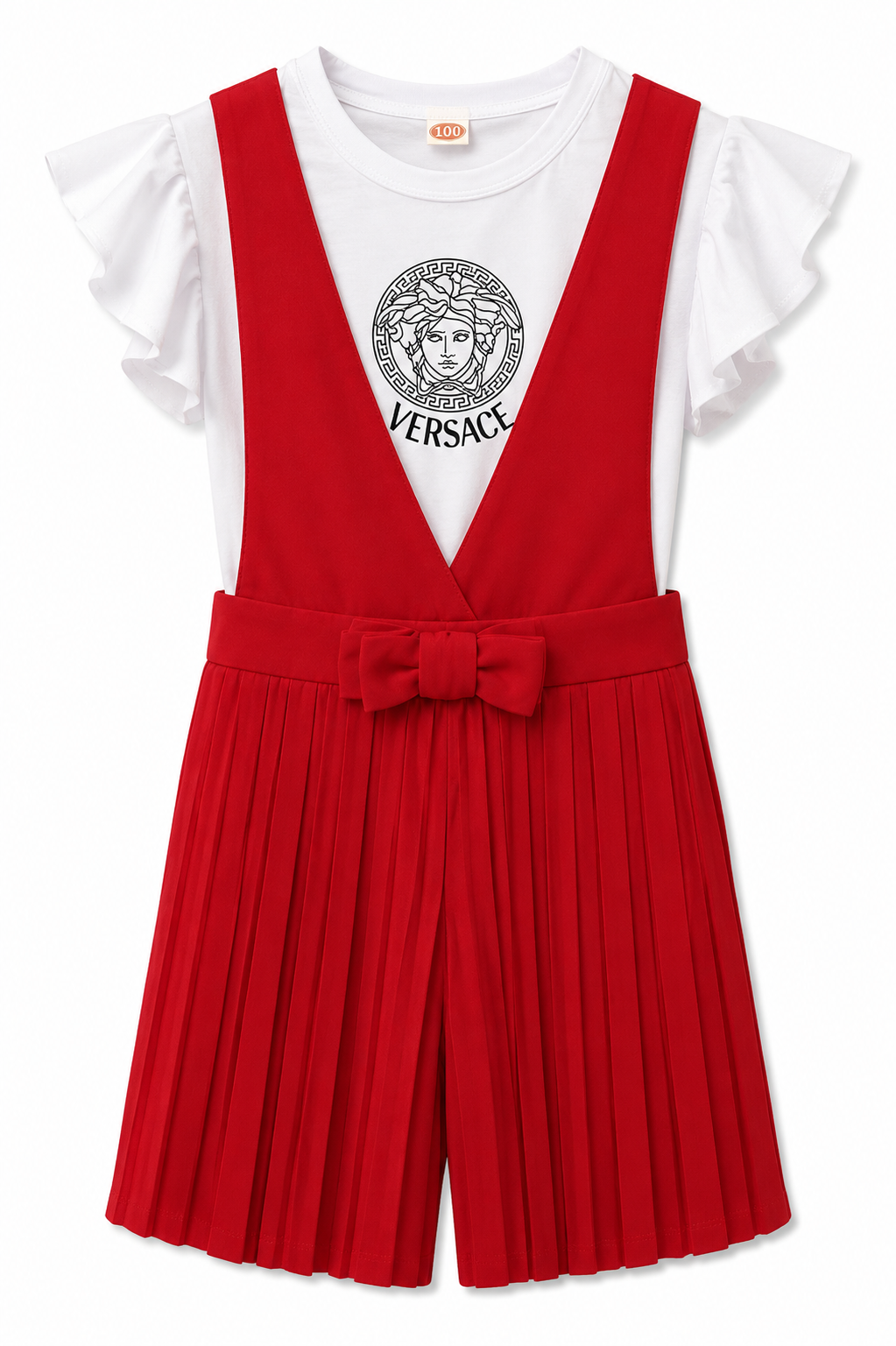 Girls Red Pleated Jumsuit Set – Flutter Sleeve Top & Bow Detail Romper