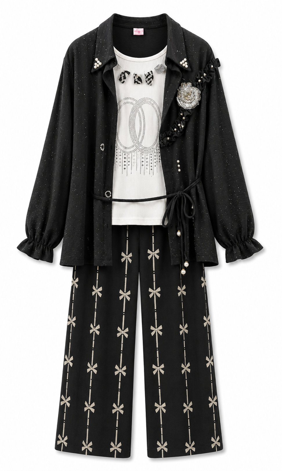 Girls Black 3-Piece Co-ord Set – Embellished Inner Top, Belted Shirt & Wide Leg Pants