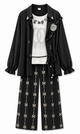 Girls Black 3-Piece Co-ord Set – Embellished Inner Top, Belted Shirt & Wide Leg Pants