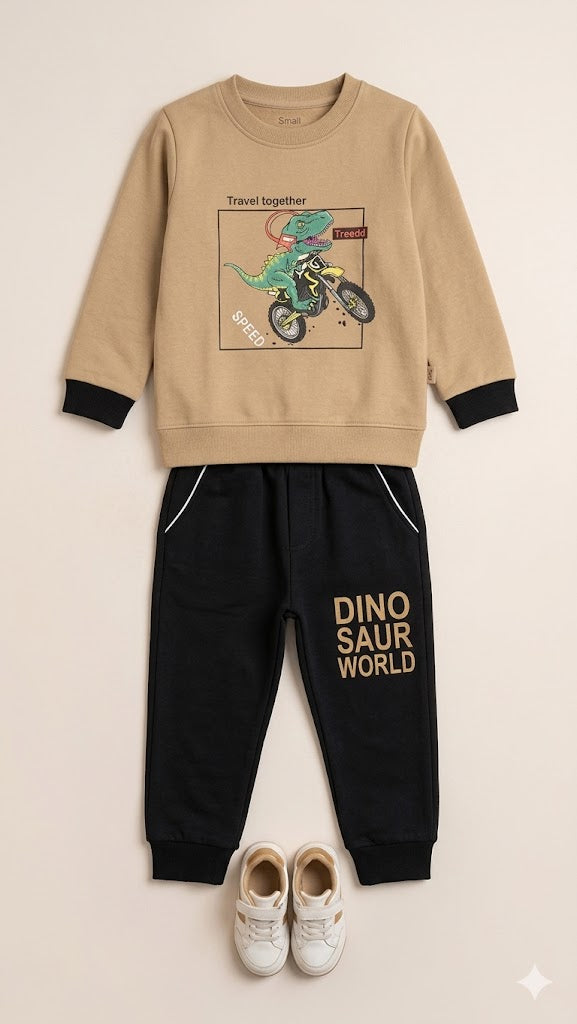 Boys Graphic Sweatshirt & Jogger Set – Soft Cotton Outfit (Beige & Black)