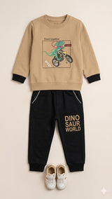 Boys Graphic Sweatshirt & Jogger Set – Soft Cotton Outfit (Beige & Black)