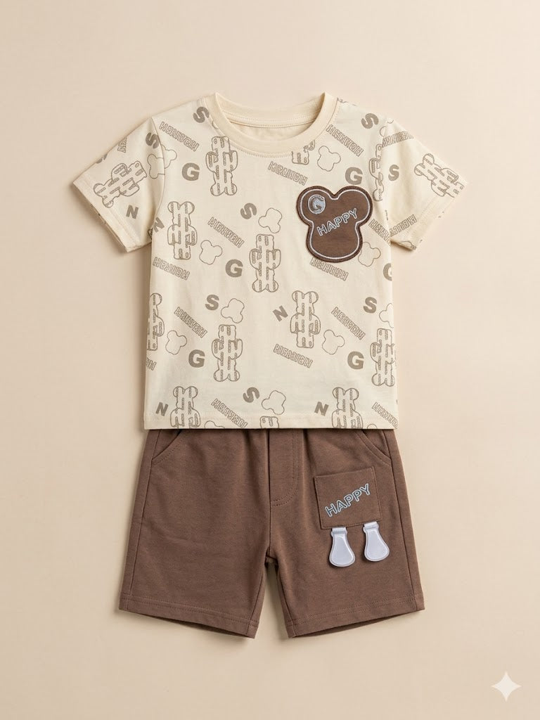Boys Cream Printed T-Shirt & Brown Shorts Set – Casual Cotton Summer Outfit