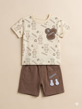 Boys Cream Printed T-Shirt & Brown Shorts Set – Casual Cotton Summer Outfit