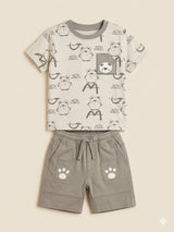 Boys Beige Printed T-Shirt & Shorts Set – Casual Cotton Summer Outfit