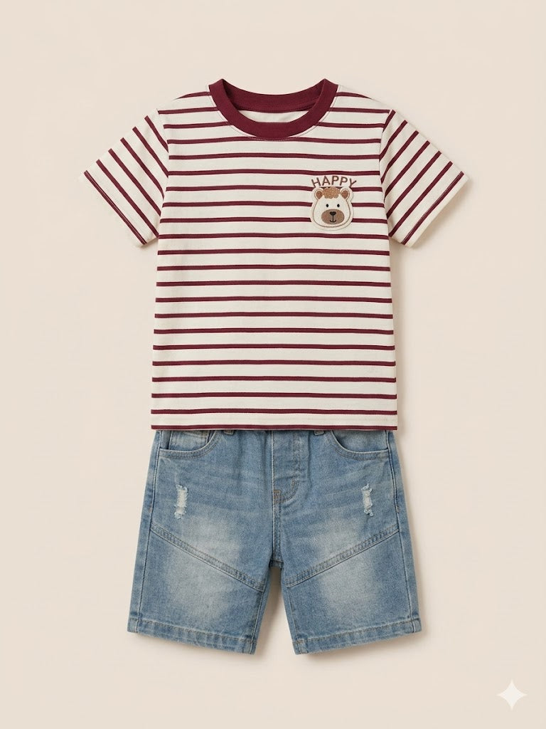 Boys Red Striped T-Shirt & Blue Shorts Set – Casual Cotton Summer Outfit