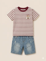 Boys Red Striped T-Shirt & Blue Shorts Set – Casual Cotton Summer Outfit