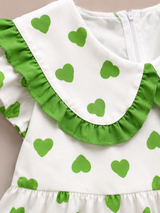 Girls Green Heart Print Frill Collar Dress – Cute Kids Casual Frock