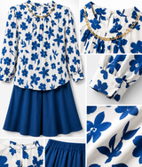Girls Blue Floral Co-ord Set – Printed Top & Wide Leg Culotte Pants