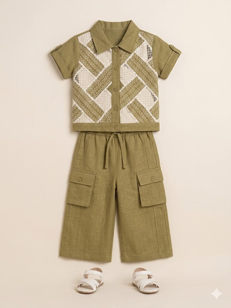 Girls Olive Printed Top & Culottes Set – Casual Cotton Outfit
