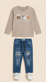 Boys Graphic Long Sleeve T-Shirt & Denim Jeans Set – Casual Cotton Outfit (Beige & Blue)