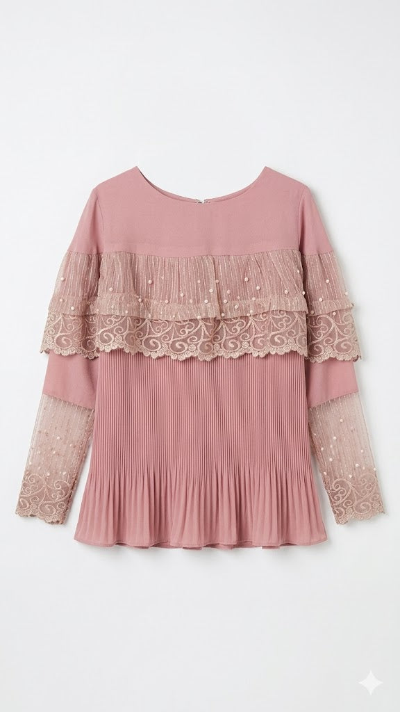 Girls Dusty Pink Pleated Lace Party Top