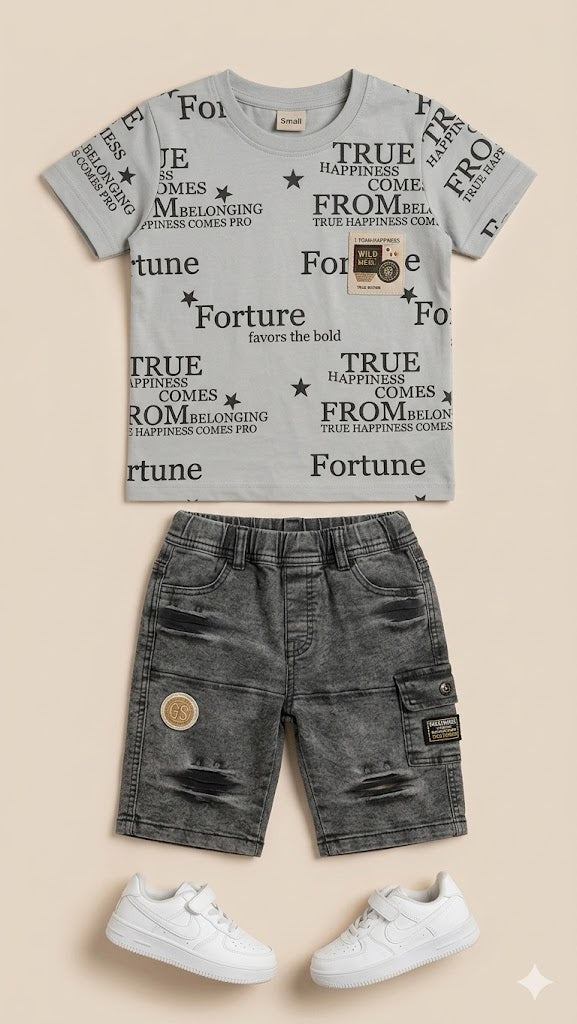Boys Printed T-Shirt & Shorts Set – Soft Cotton Summer Outfit (Grey)