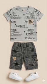 Boys Printed T-Shirt & Shorts Set – Soft Cotton Summer Outfit (Grey)