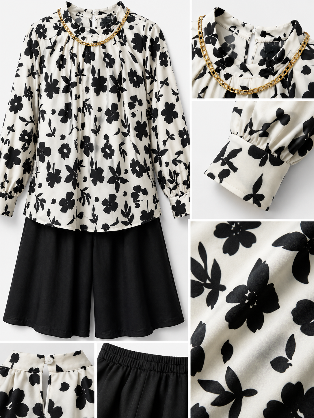 Girls Black & White Floral Co-ord Set – Printed Top & Wide Leg Culotte Pants