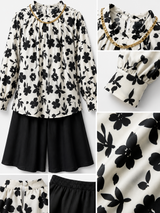 Girls Black & White Floral Co-ord Set – Printed Top & Wide Leg Culotte Pants
