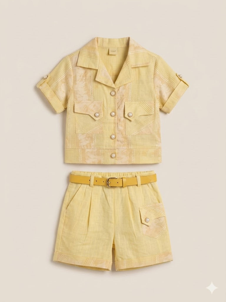 Kids Summer Co-Ord Set – Soft Cotton Shirt & Shorts (Yellow)