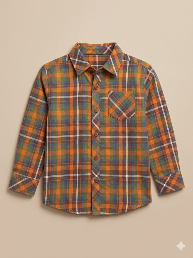 Boys Orange & Navy Check Shirt – Casual Cotton Long Sleeve Top