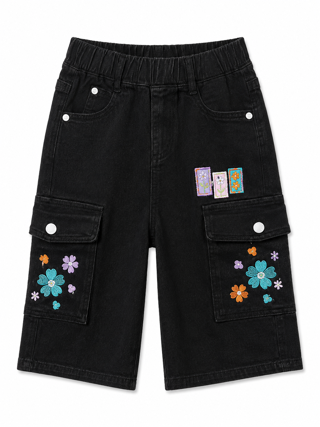 Girls Black Floral Cargo Denim Shorts – Trendy Kids Utility Shorts