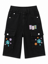 Girls Black Floral Cargo Denim Shorts – Trendy Kids Utility Shorts
