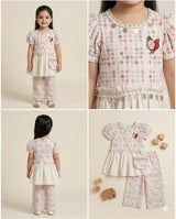 Girls Printed Peplum Top & Pants Set with Mini Bag – Cream & Pink