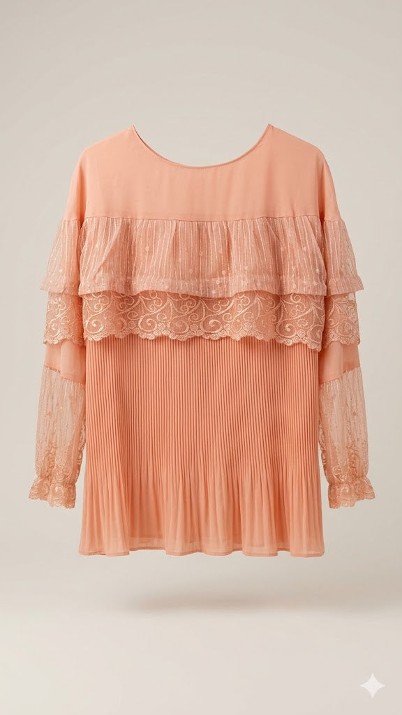 Girls Peach Pleated Lace Party Top